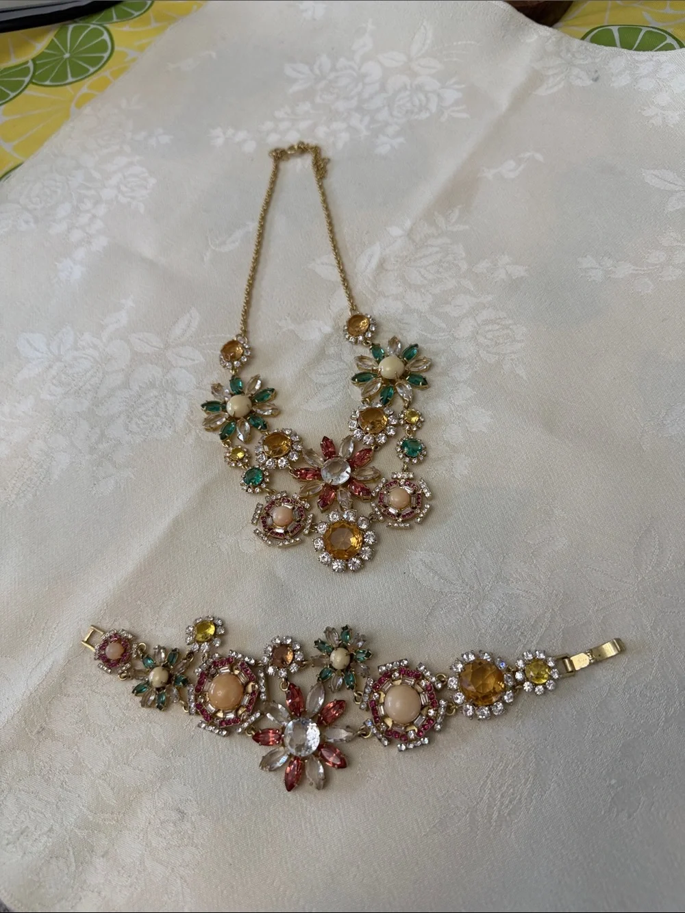 Gold Multicolor Floral Statement Necklace and Bracelet Set